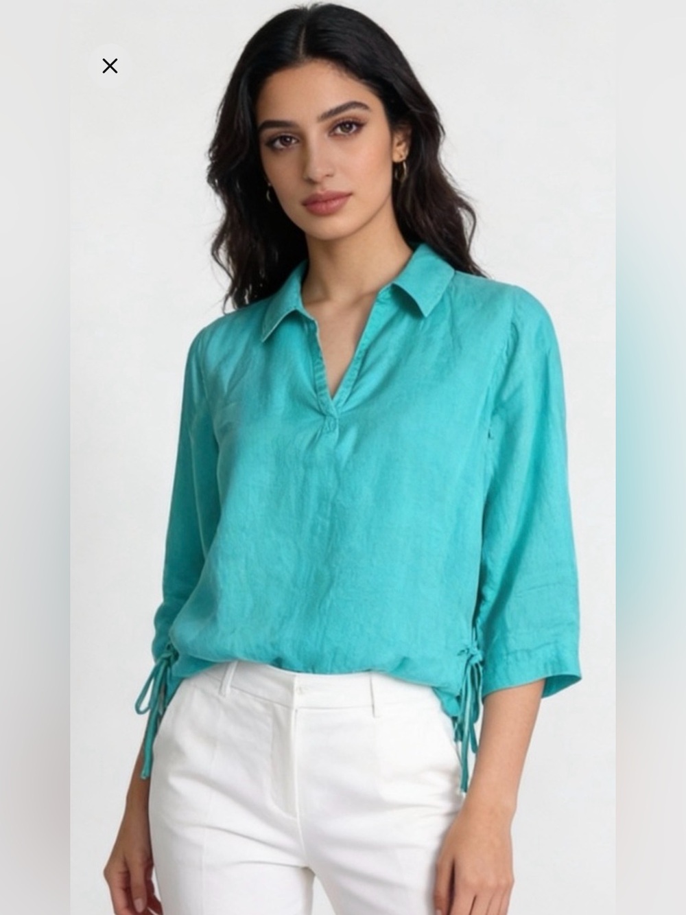 NWT ISAAC MIZRAHI | Aqua 100% Linen Button Down Blouse